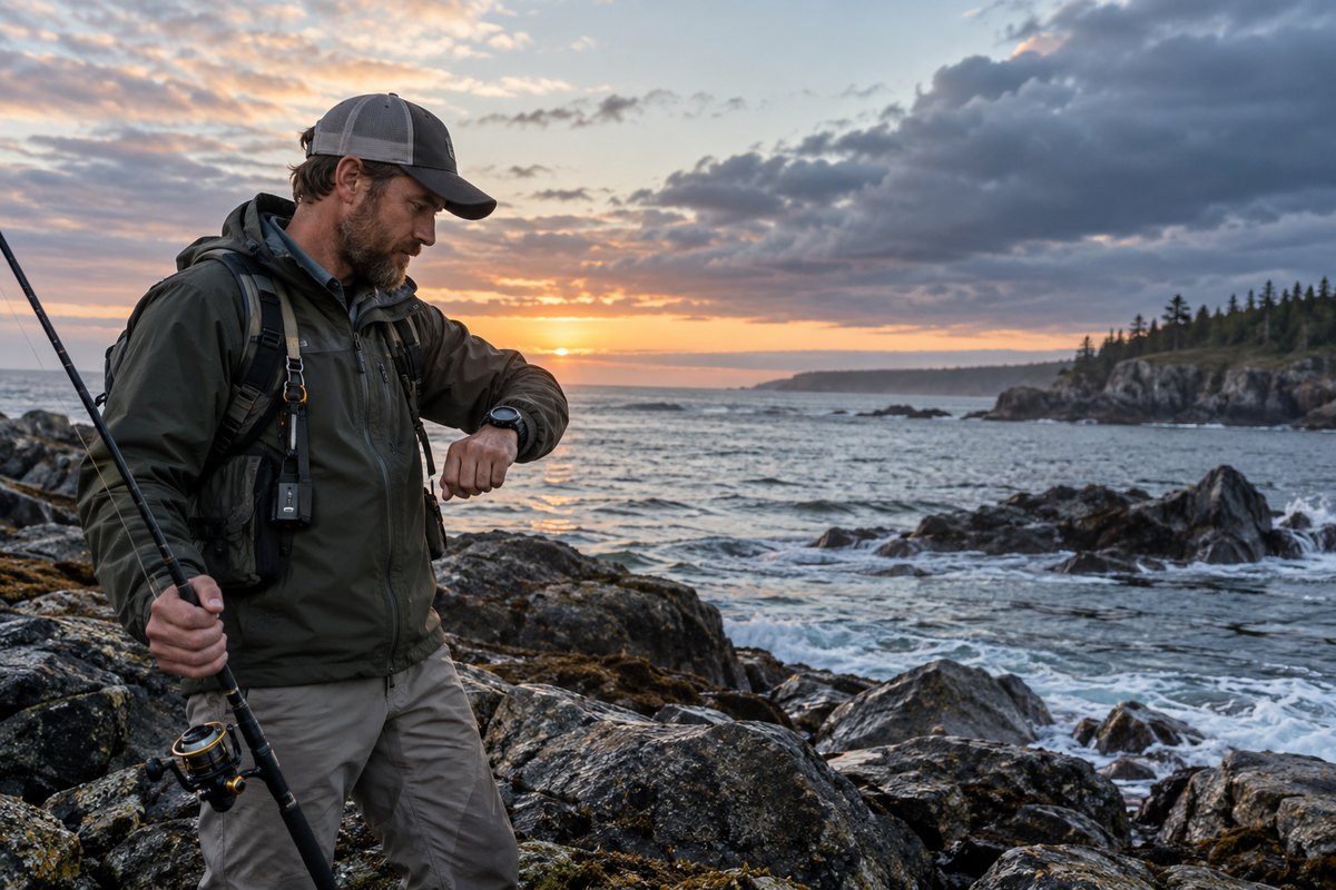 Angler checking barometric pressure before fishing as weather changes over a rocky coast