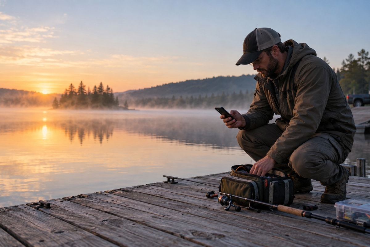 Angler checking a fishing app while preparing tackle at a misty lake before sunrise