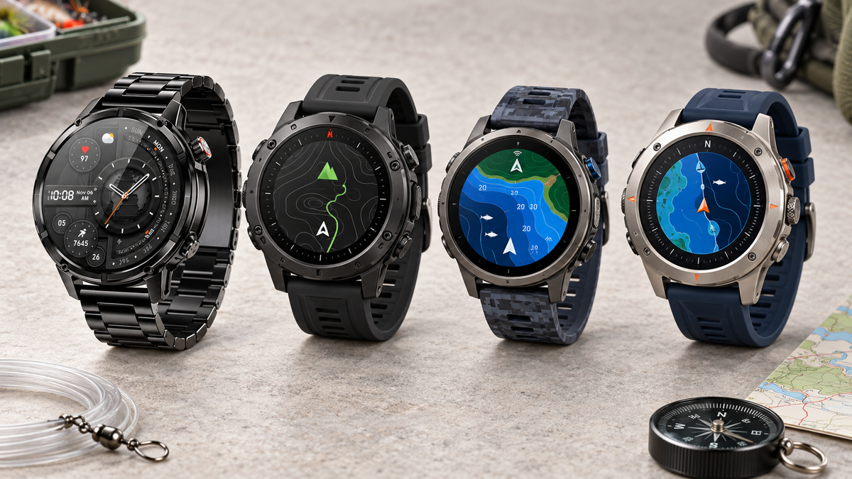 Four outdoor smartwatches arranged as choices for different fishing styles