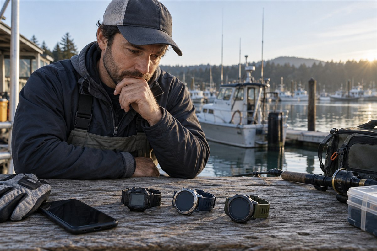 Angler comparing rugged digital, marine and outdoor GPS watch types at a marina