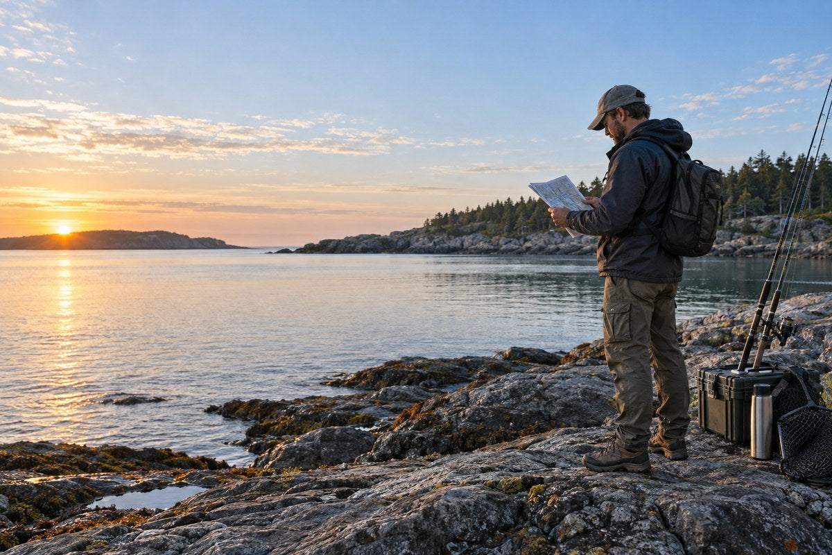 Angler reviewing a tide table before fishing a rocky coast at sunrise