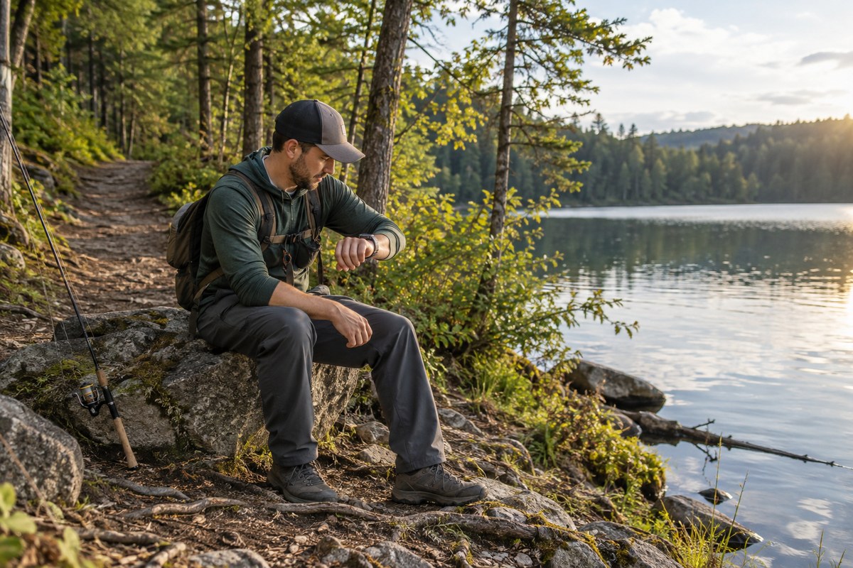 Angler checking a GPS watch beside a lakeside trail before fishing