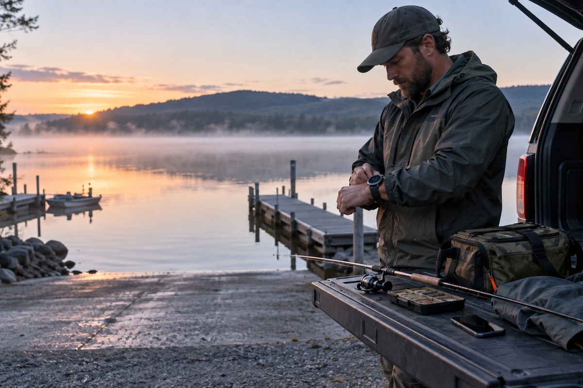 Angler fastening an outdoor smartwatch beside fishing gear at a quiet lake launch