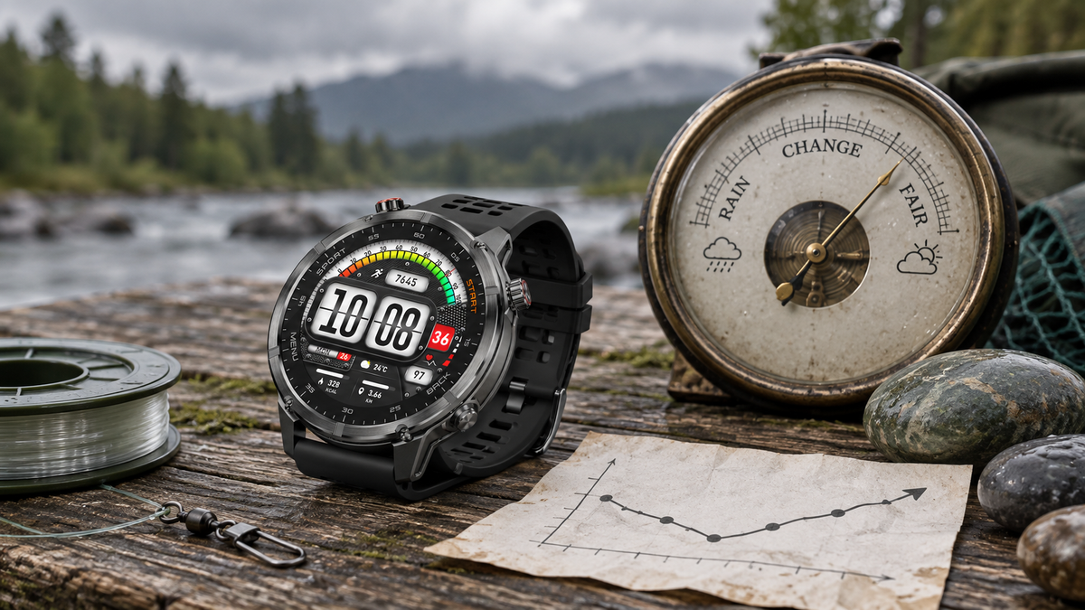 WalkerFit Motion 6 GPS smartwatch showing outdoor data beside fishing gear