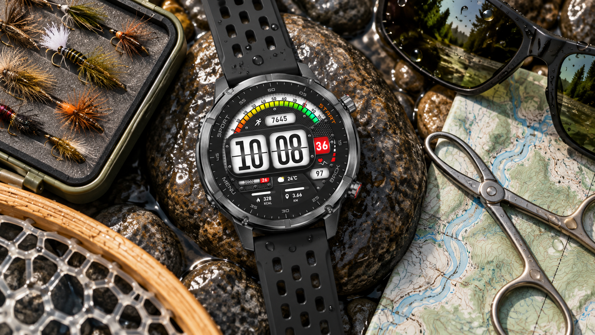 WalkerFit Motion 6 GPS smartwatch beside fly fishing gear on a riverbank