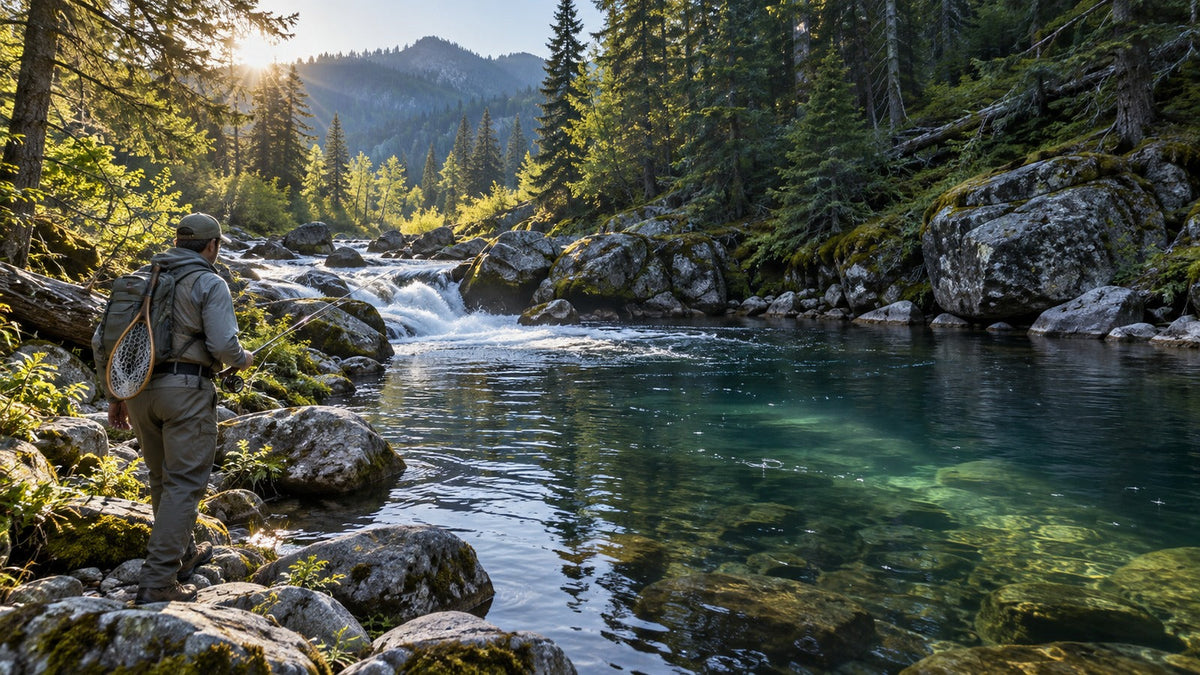 Trout angler arriving at a cool shaded mountain stream just after sunrise