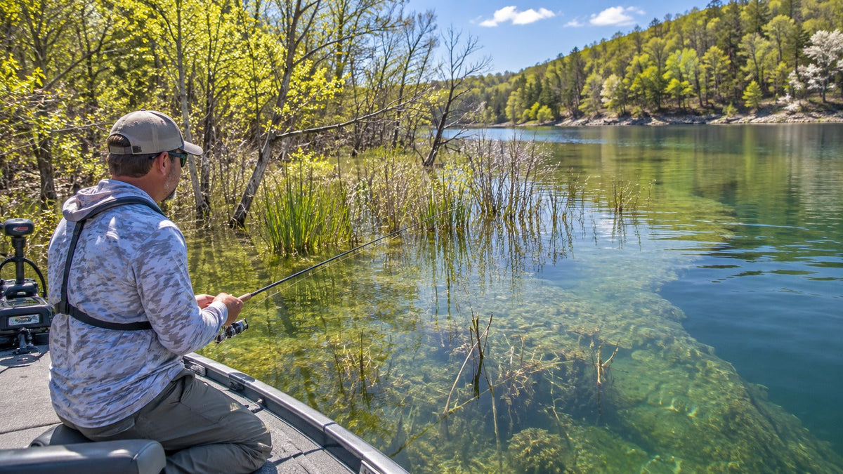 Crappie angler fishing emerging vegetation in a protected spring cove