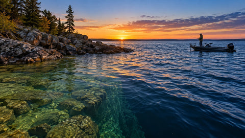 Walleye angler fishing a rocky point at first light with manageable surface chop