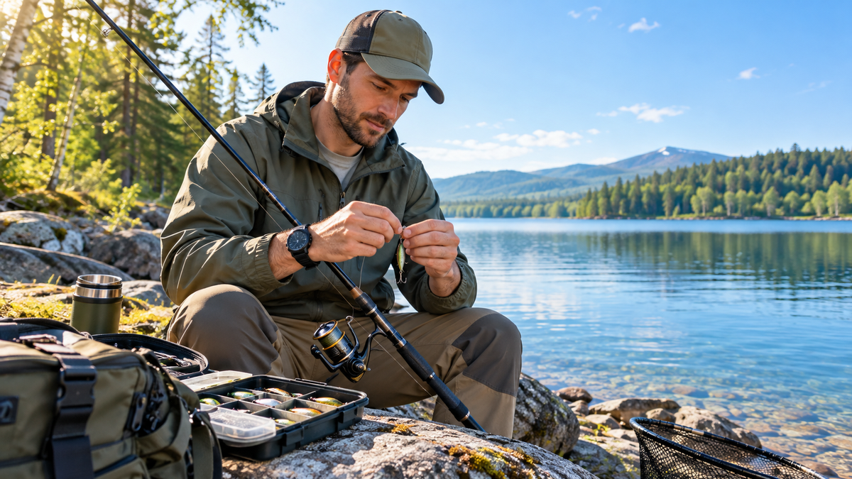 Angler wearing a comfortable outdoor watch while preparing fishing gear beside a bright lake