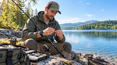 Angler wearing a comfortable outdoor watch while preparing fishing gear beside a bright lake