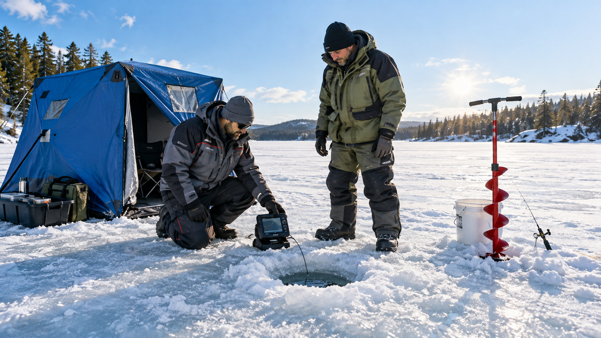 Ice angler checking weather and fishing conditions on a bright safe winter lake