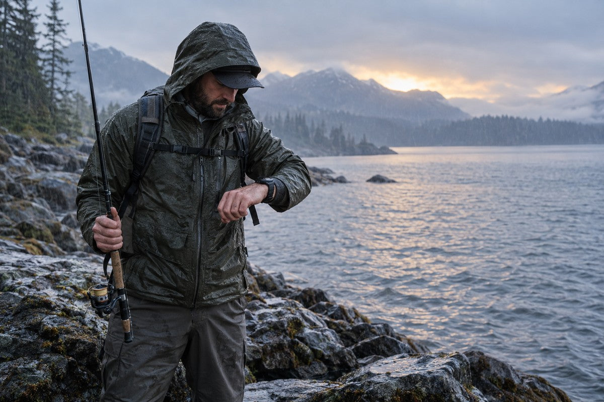 Angler checking a rugged smartwatch on a rainy rocky shoreline
