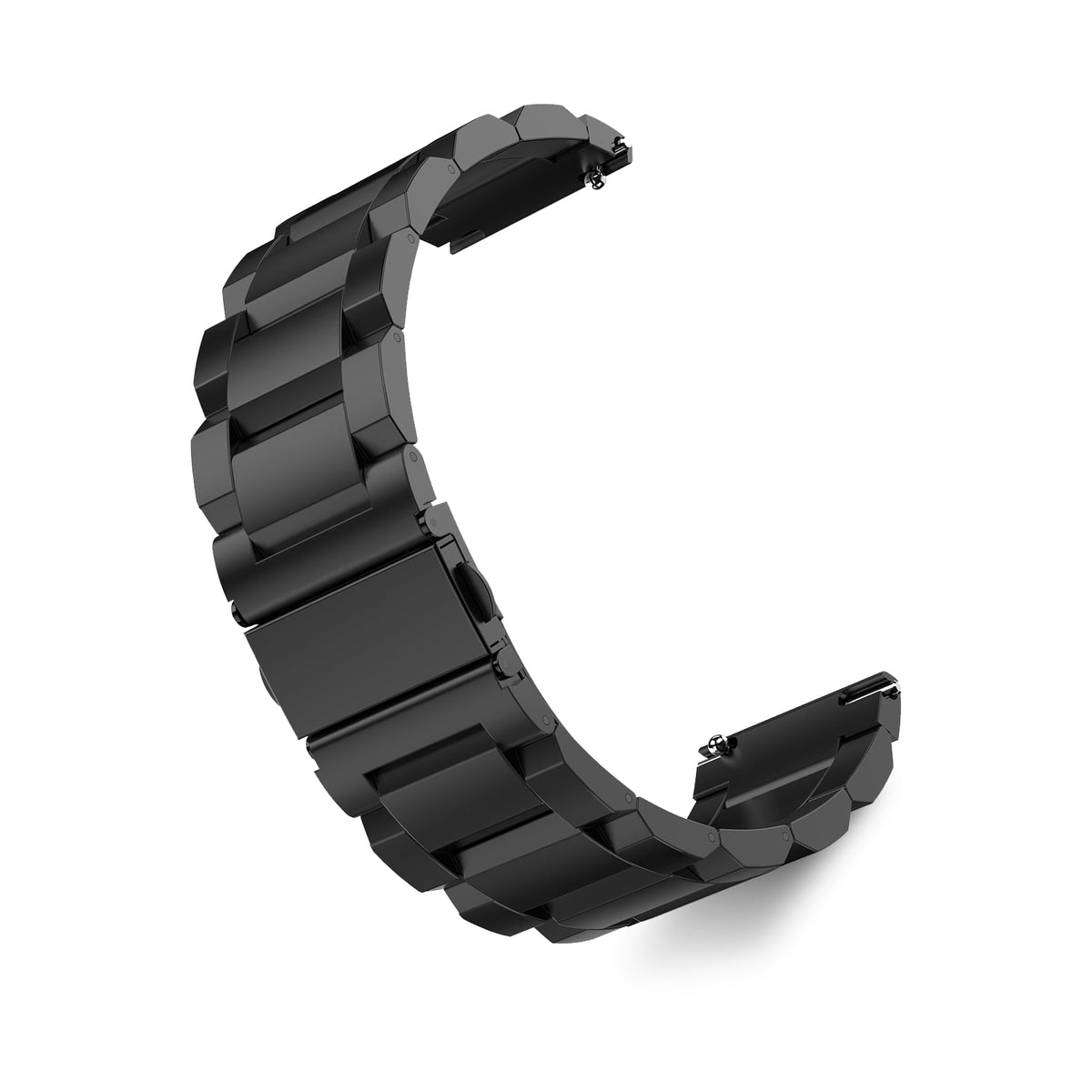 WalkerFit black 22mm stainless steel watch band on a white background, curved view