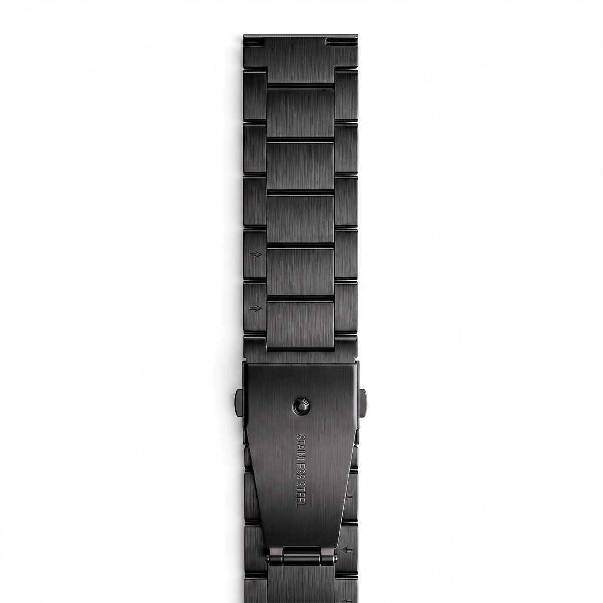 WalkerFit black 22mm stainless steel watch band on a white background, alternate view