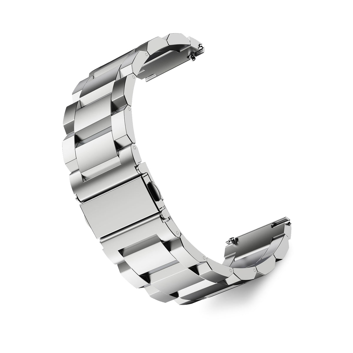 WalkerFit silver 22mm stainless steel watch band on a white background, curved view