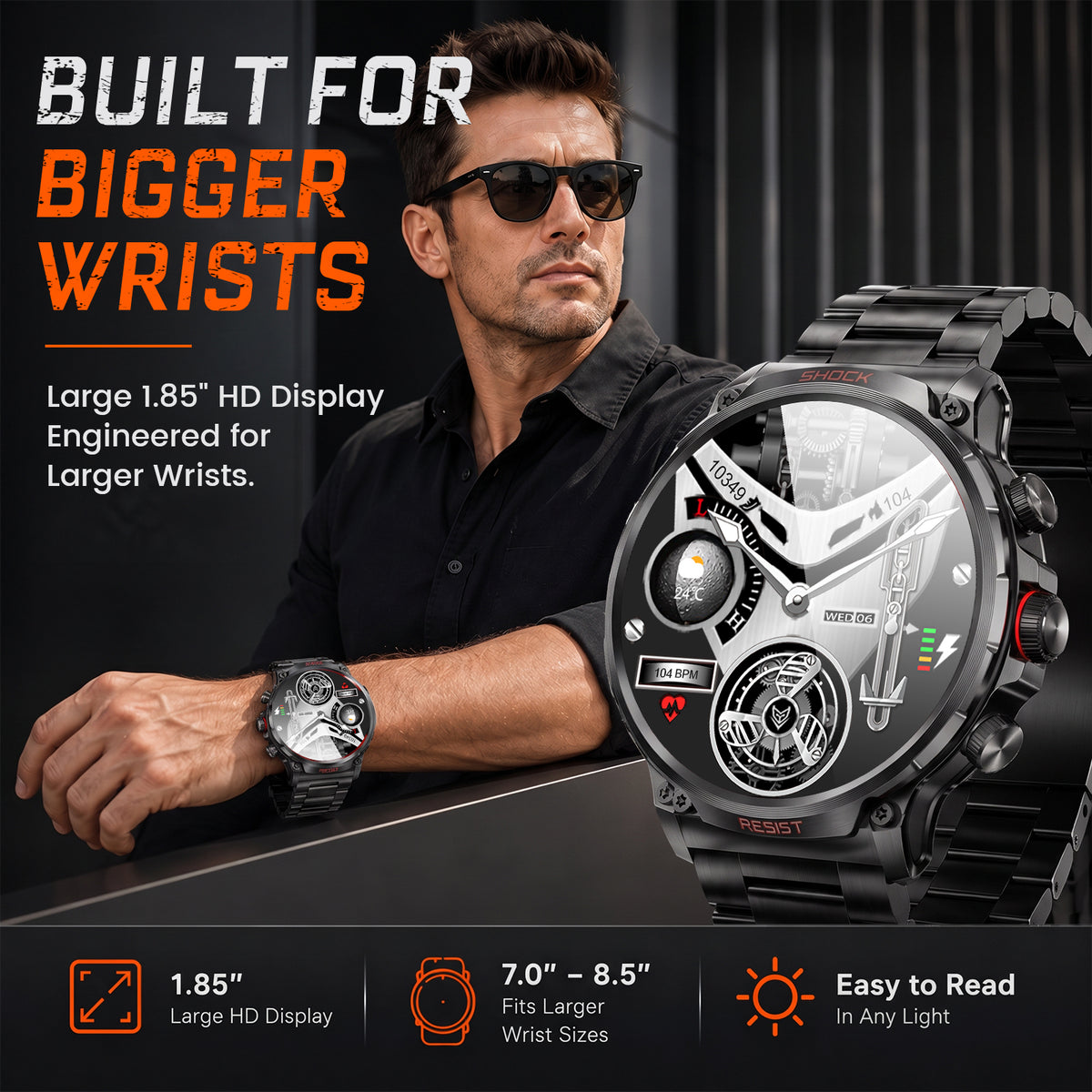 M6 Max Black steel smartwatch with 1.85-inch display for larger wrists