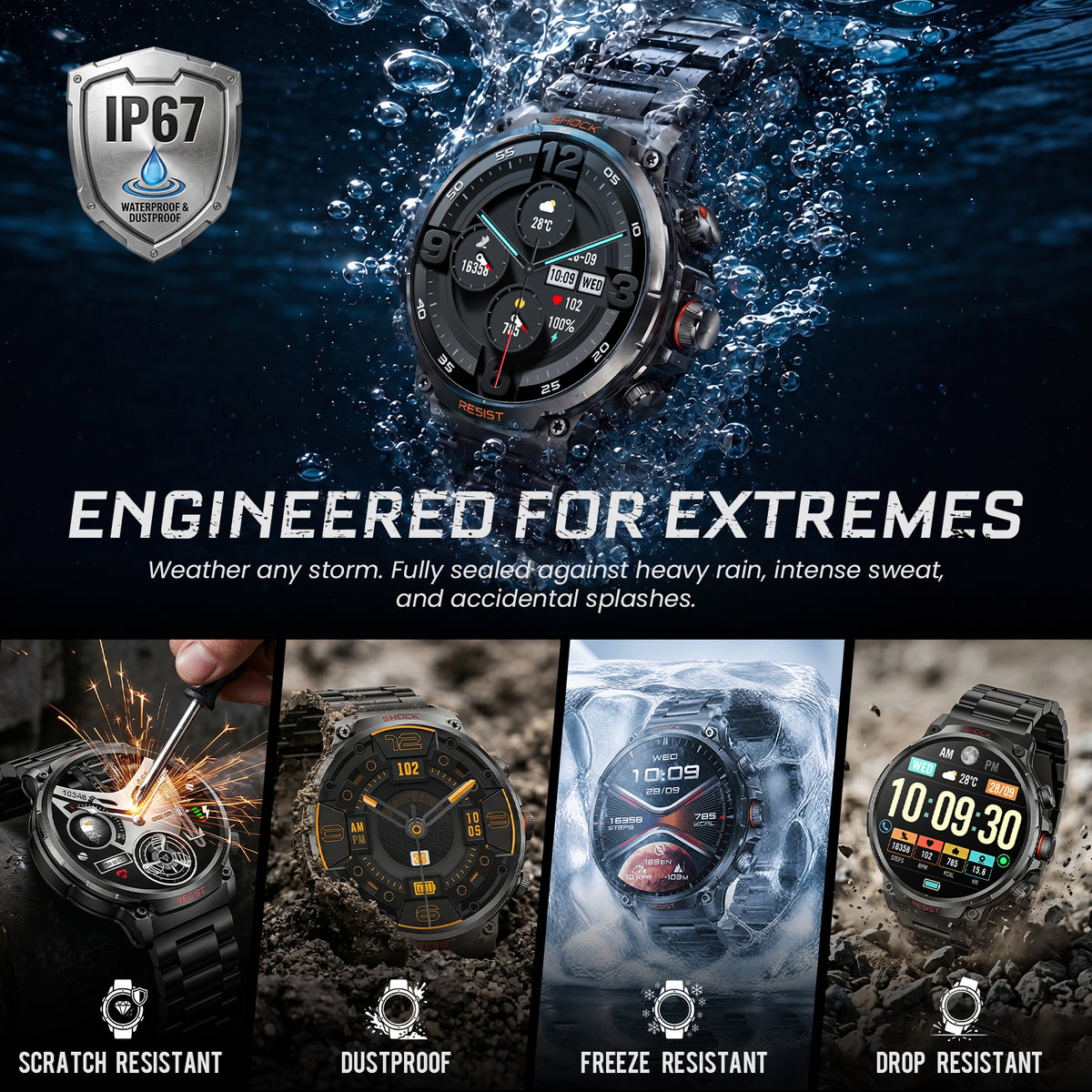 M6 Max Black steel smartwatch IP67 protection and rugged durability