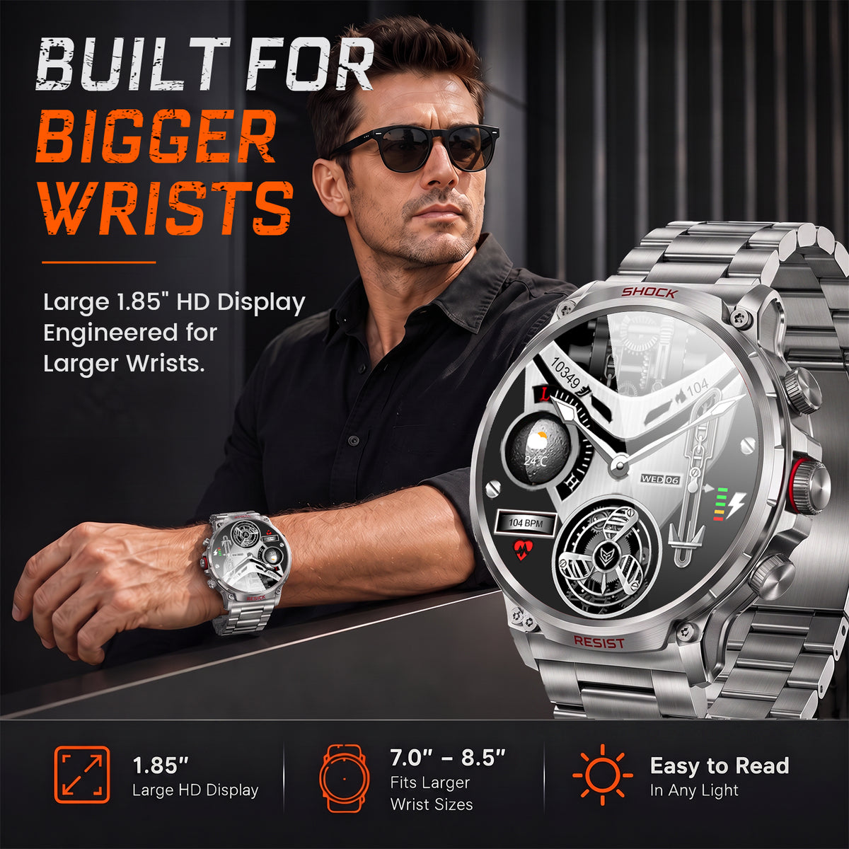 M6 Max Silver steel smartwatch with 1.85-inch display for larger wrists