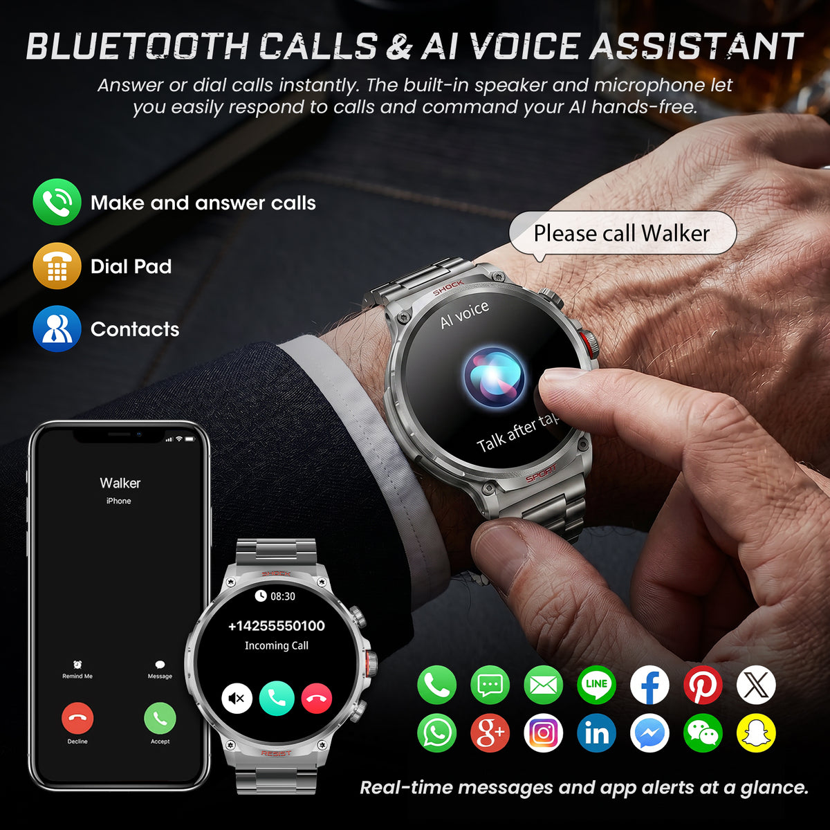 M6 Max Silver steel smartwatch Bluetooth calls and voice assistant