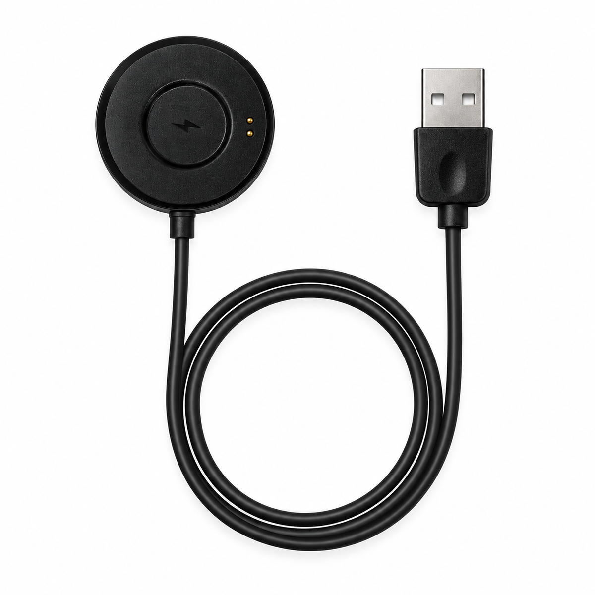 WalkerFit Motion 6 series black charging cable, front view with coiled cable and USB-A connector