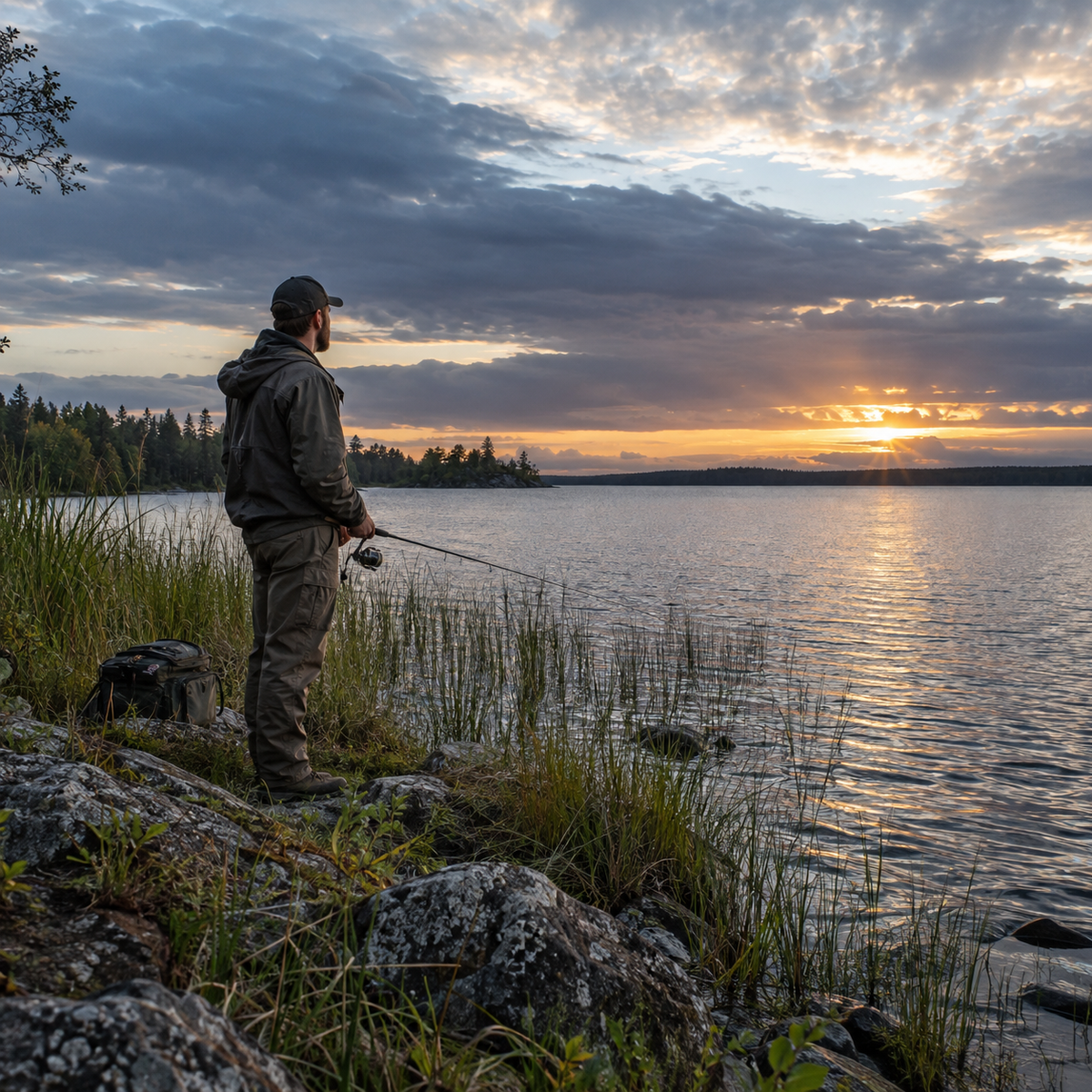 Angler reading changing weather over a freshwater lake before fishing