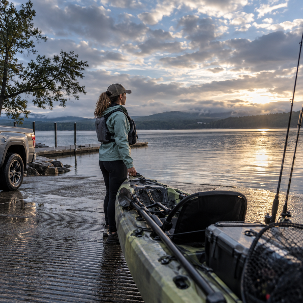 Kayak angler preparing to launch after rain as the weather clears