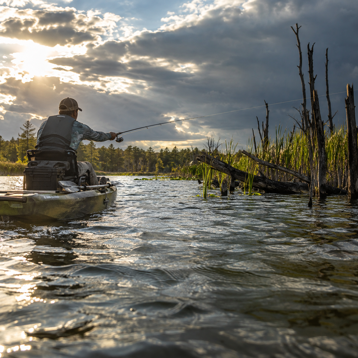 Bass angler casting from a kayak toward shallow cover under changing clouds