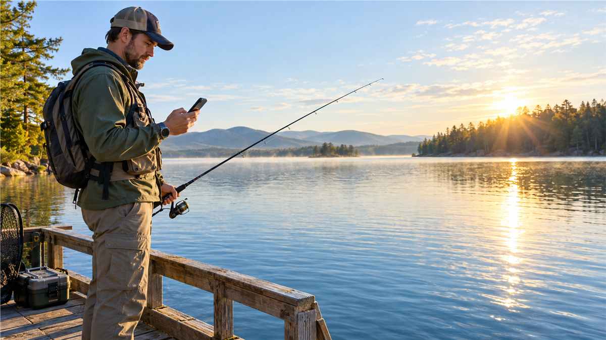 Best fishing forecast apps used by an angler beside a bright freshwater lake