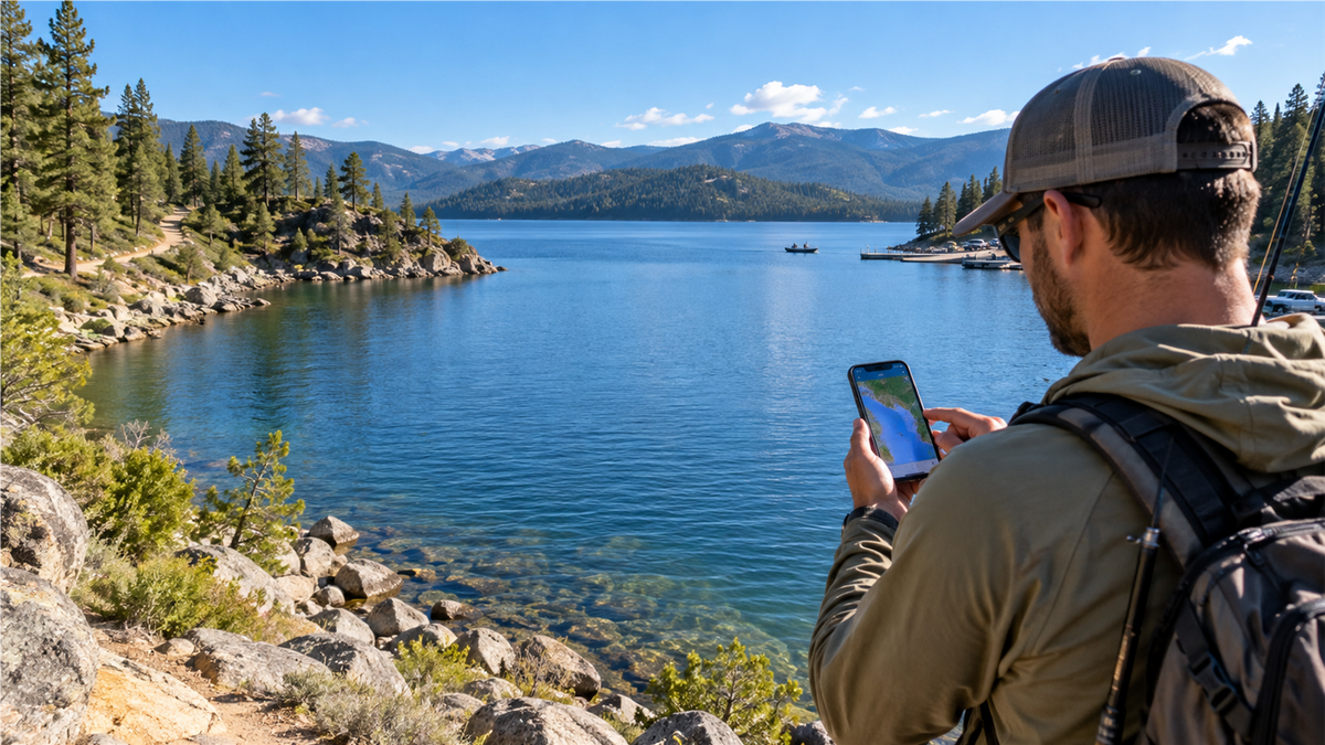 Best fishing map and GPS apps used beside a clear mountain lake