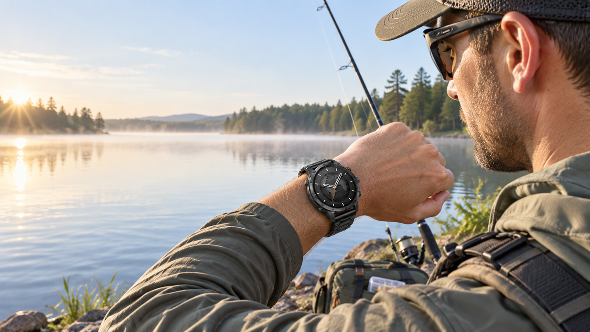 Angler checking a WalkerFit Motion 6 GPS smartwatch beside a calm lake at sunrise