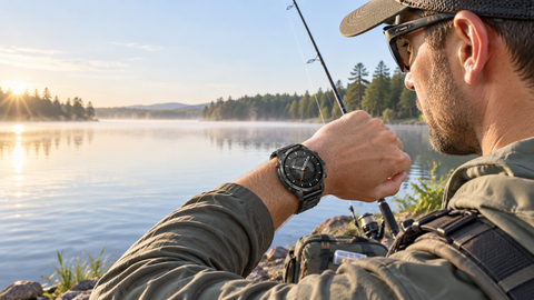Angler checking a WalkerFit Motion 6 GPS smartwatch beside a calm lake at sunrise