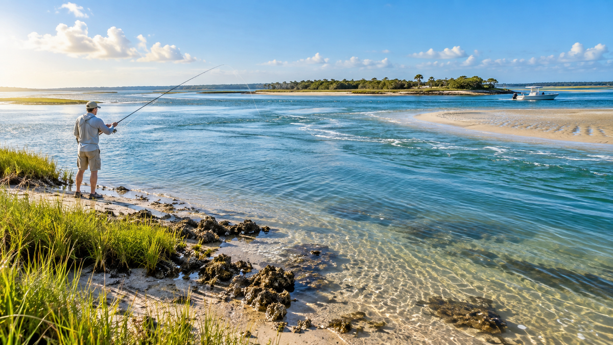 Best tide for fishing with an angler reading moving water in a coastal estuary