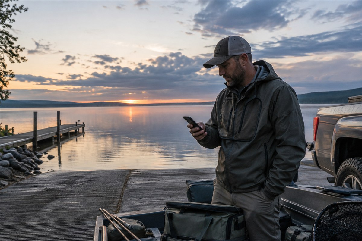 Angler checking a fishing forecast beside a calm lake before sunrise