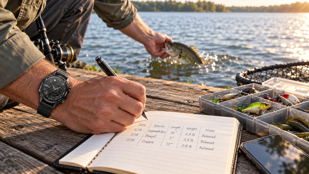 Fishing journal and catch log beside a smartwatch on a sunny riverbank