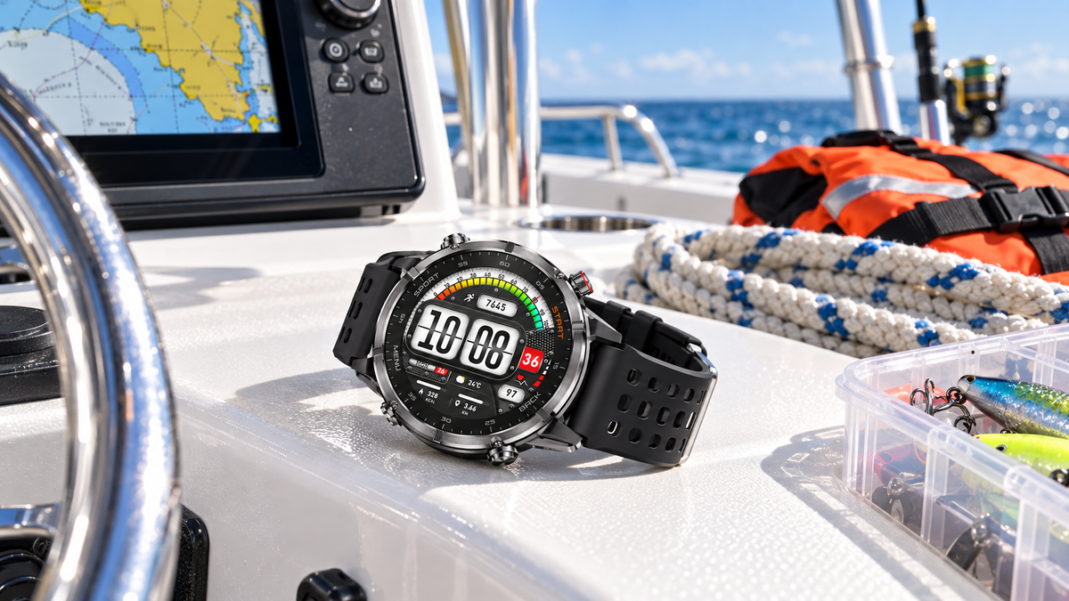 WalkerFit Motion 6 GPS smartwatch with boat fishing gear on a clean deck