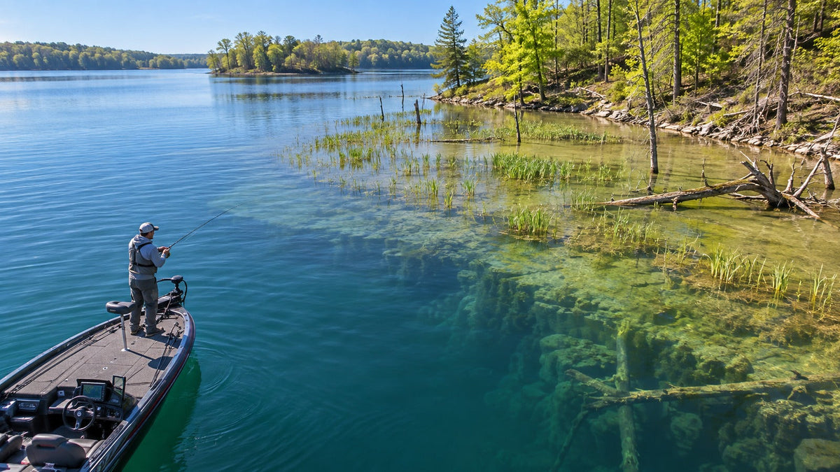 Bass angler working the transition from a spring shallow flat to deeper water