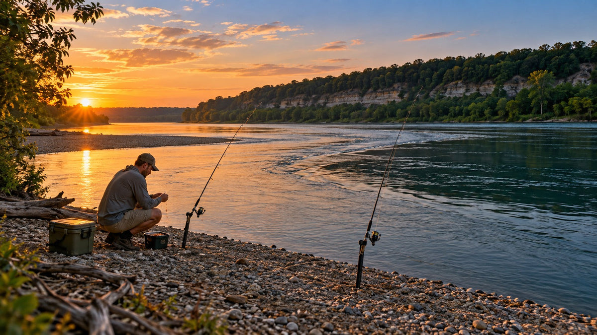 Catfish angler preparing rods beside a deep river bend at the start of evening