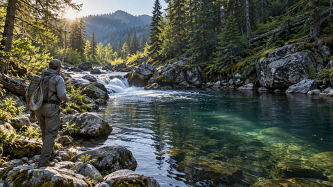 Trout angler arriving at a cool shaded mountain stream just after sunrise