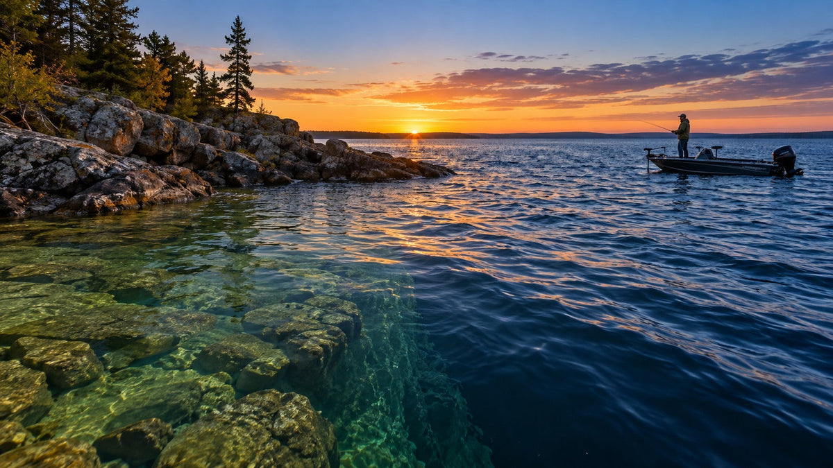 Walleye angler fishing a rocky point at first light with manageable surface chop