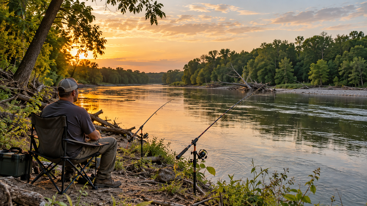 Catfish angler fishing a calm river current edge in warm evening light