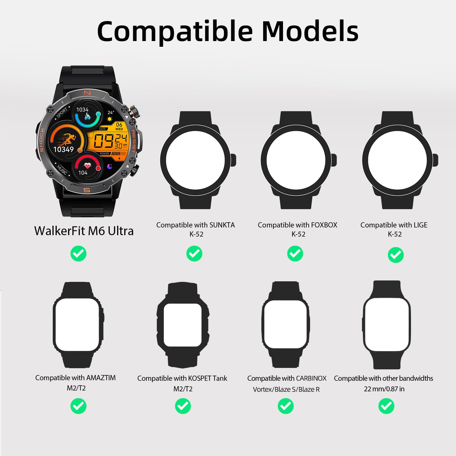 WalkerFit Black and camouflage 22mm silicone sport watch band 2-pack – view 2