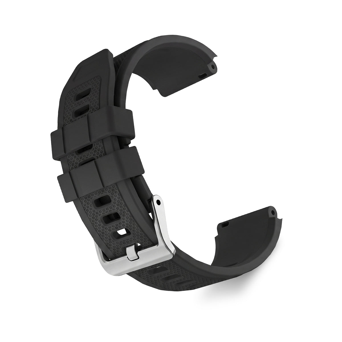 WalkerFit black 22mm silicone sport watch band on a white background, curved view