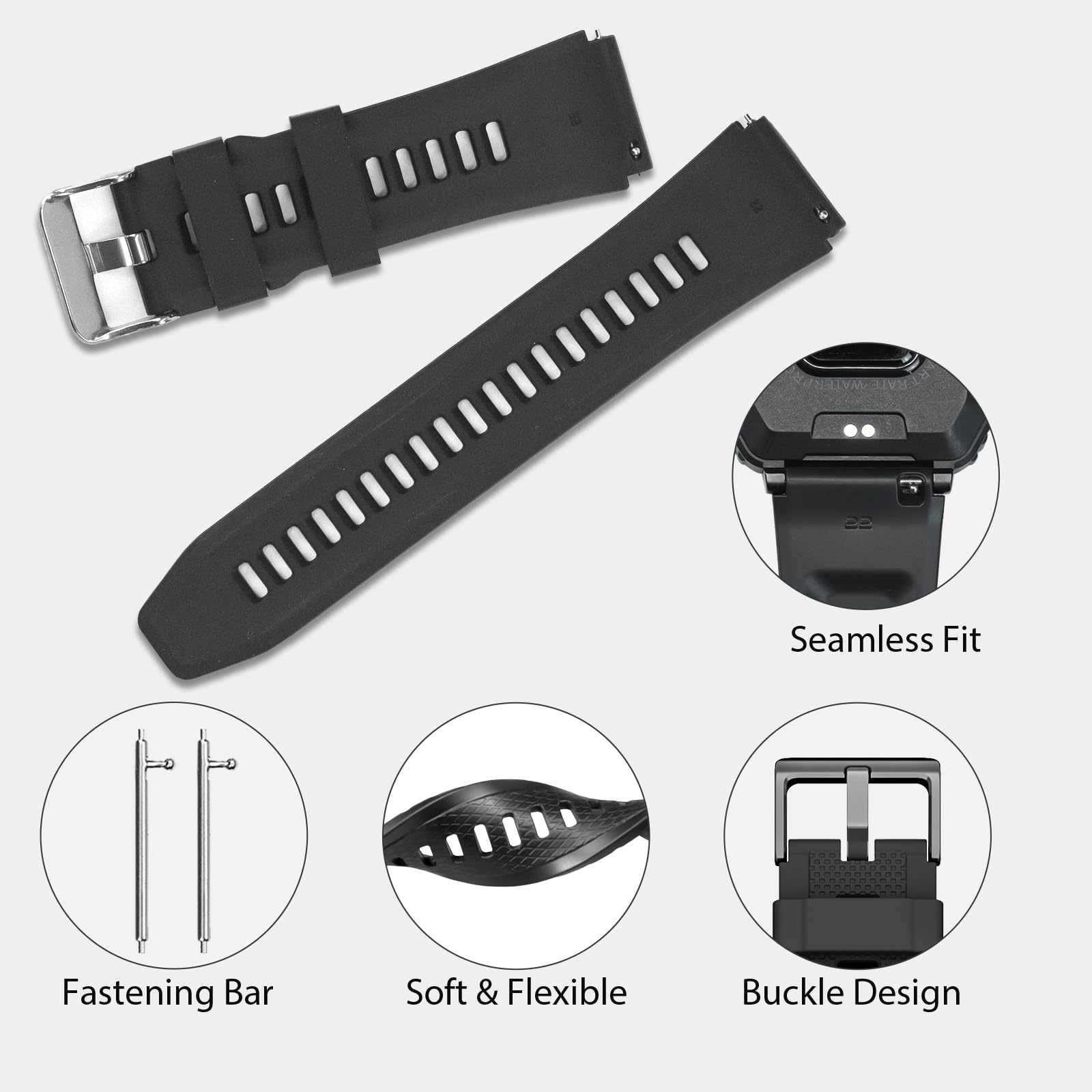 WalkerFit Black and gray 22mm silicone sport watch band 2-pack – view 4