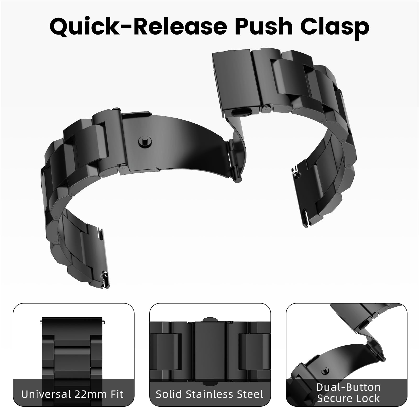 WalkerFit Black 22mm stainless steel watch band set – view 5