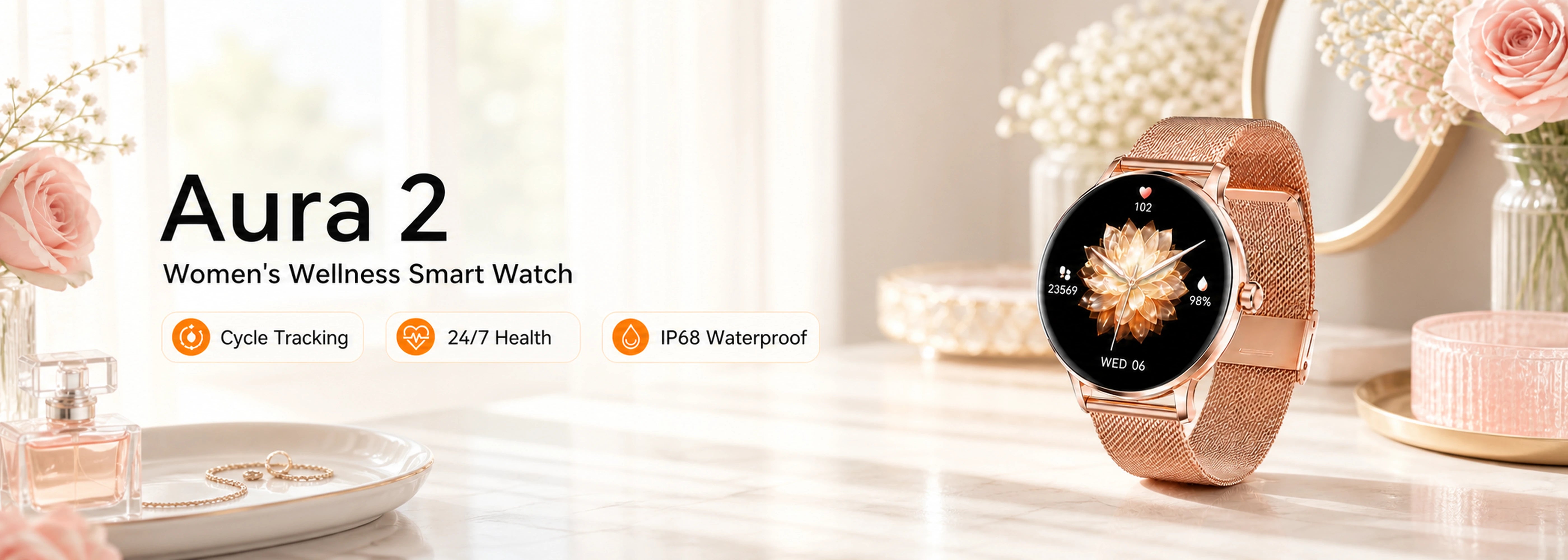 WalkerFit Aura 2 women's wellness smartwatch homepage banner