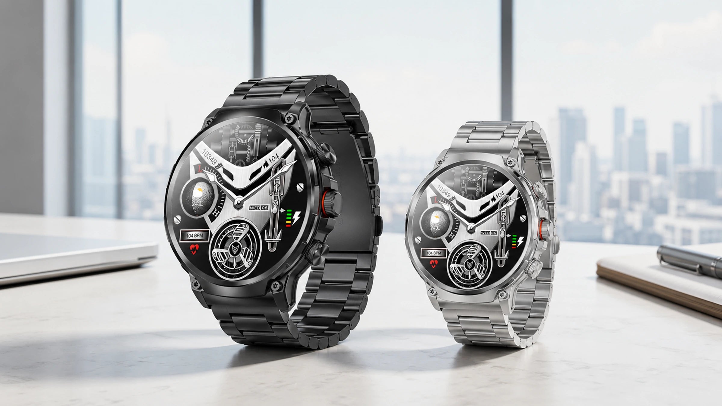 WalkerFit M6 Max black and silver smartwatches in a modern work setting