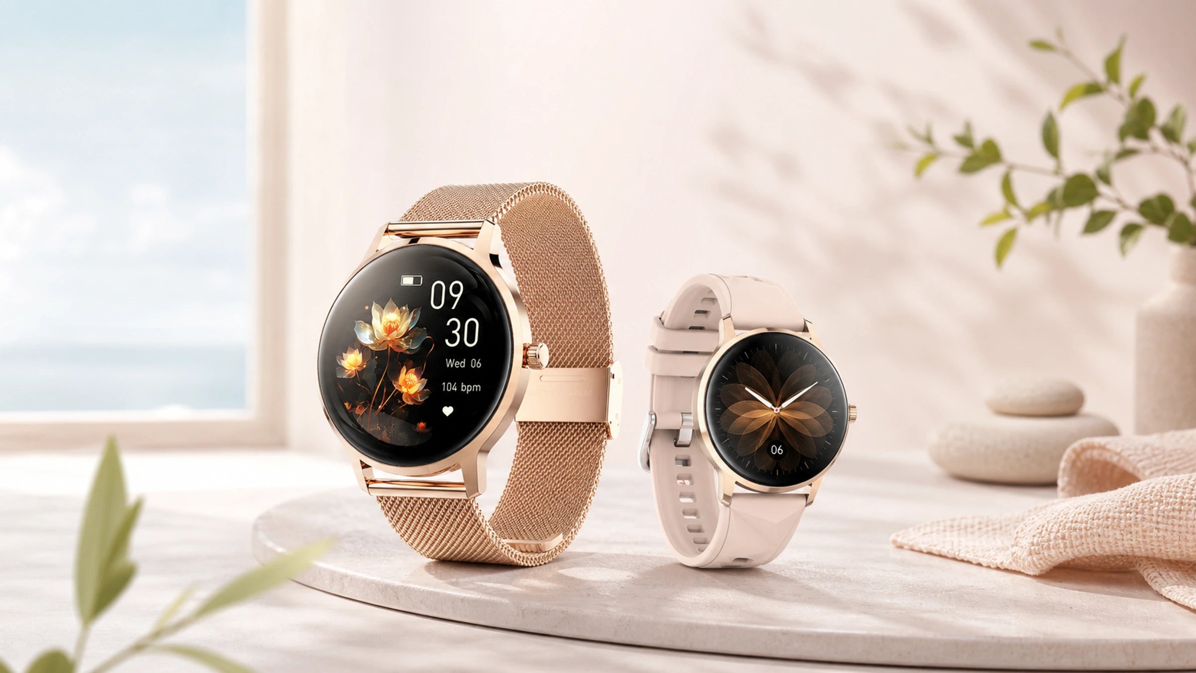 WalkerFit Aura 2 rose gold smartwatches in a bright health and wellness studio