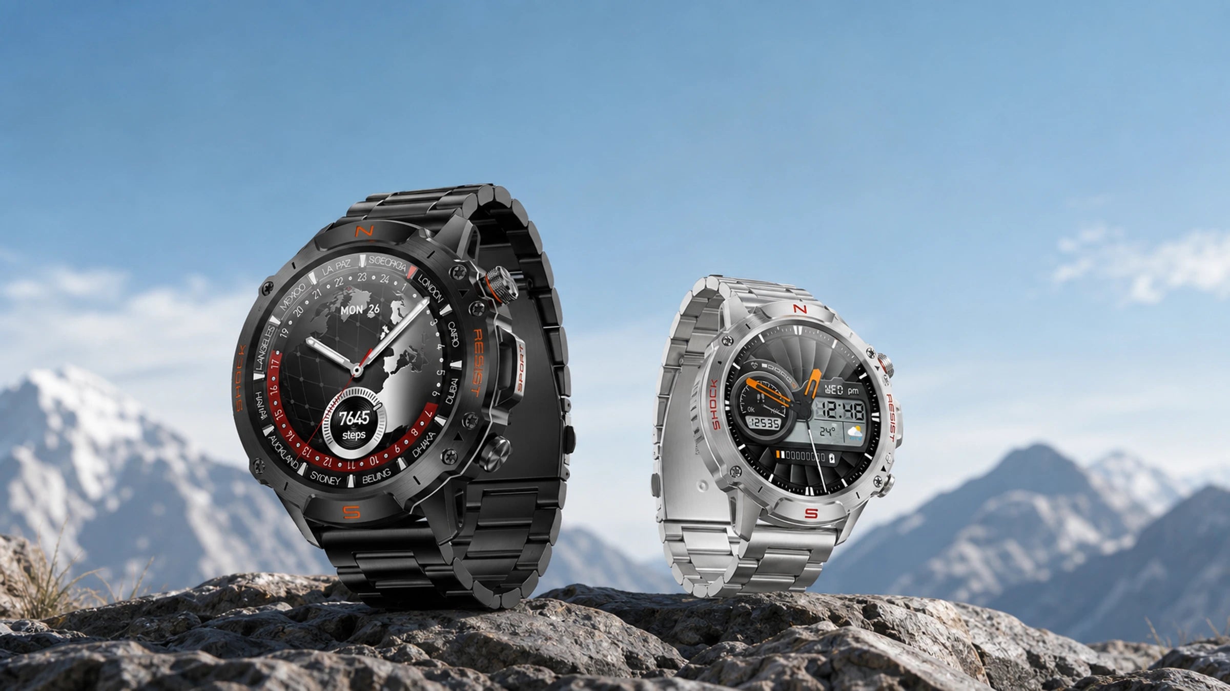 WalkerFit Motion 6 black and silver outdoor smartwatches on mountain rocks