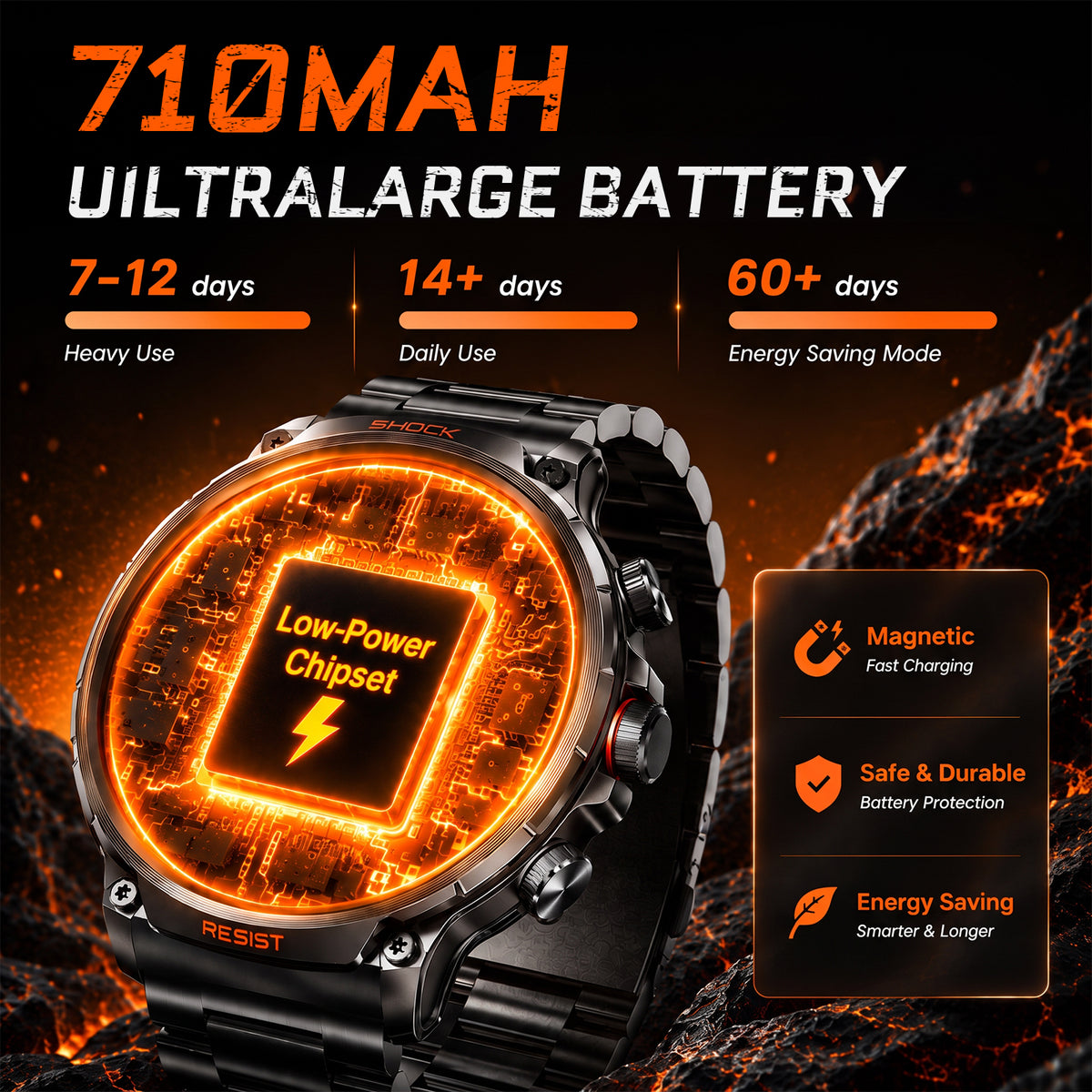 M6 Max Black steel smartwatch 710mAh battery and charging overview