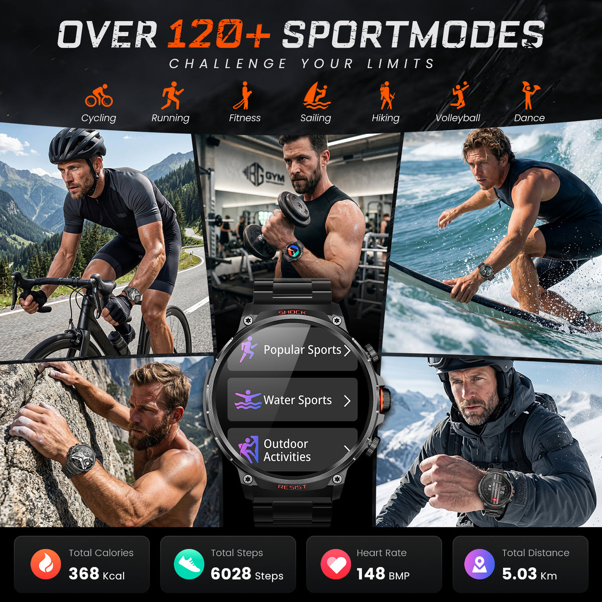 M6 Max Black steel smartwatch with over 120 sports modes